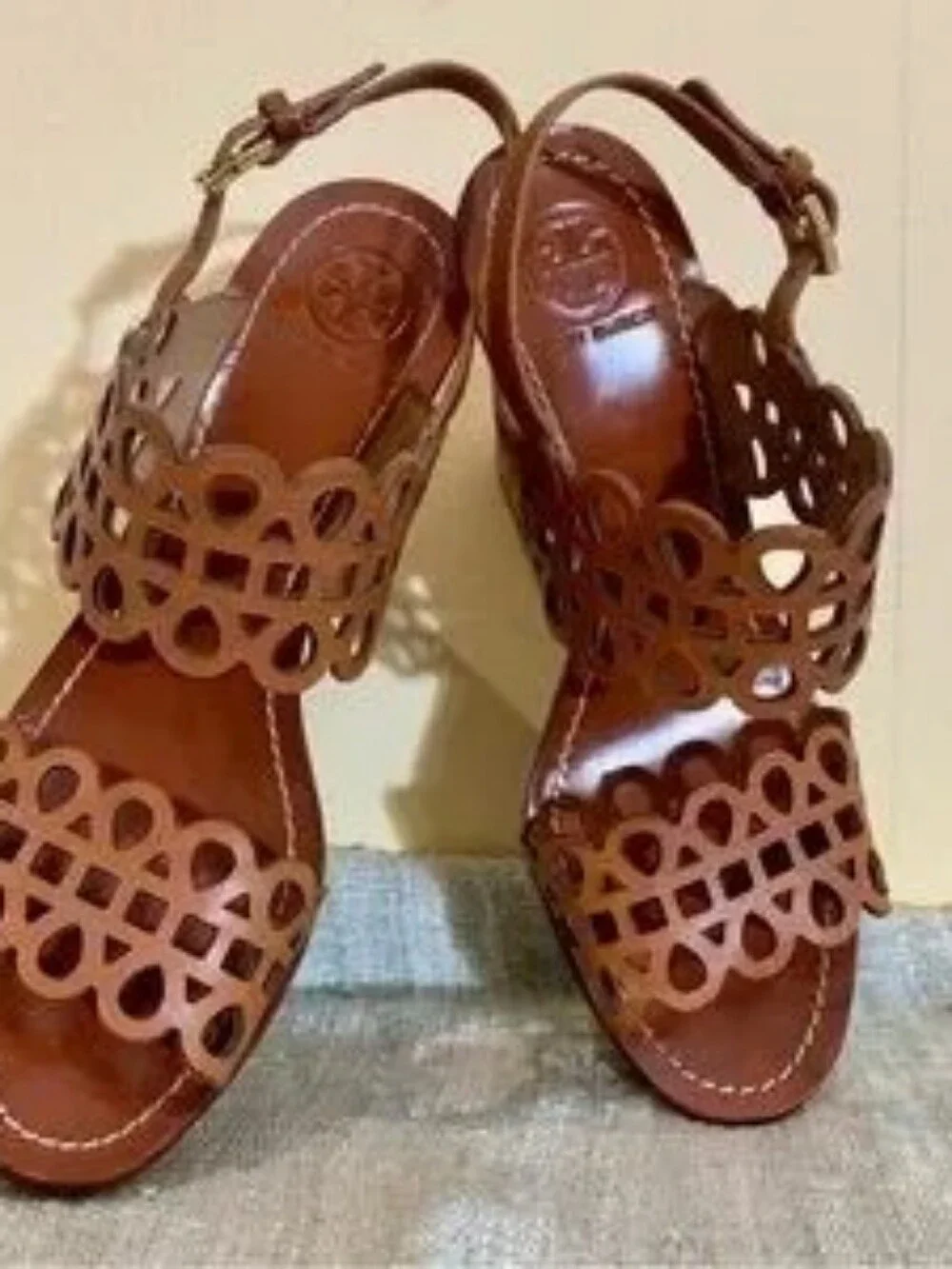 Tory Burch Nori Wedge Tan Laser-Cut Leather Sandals
